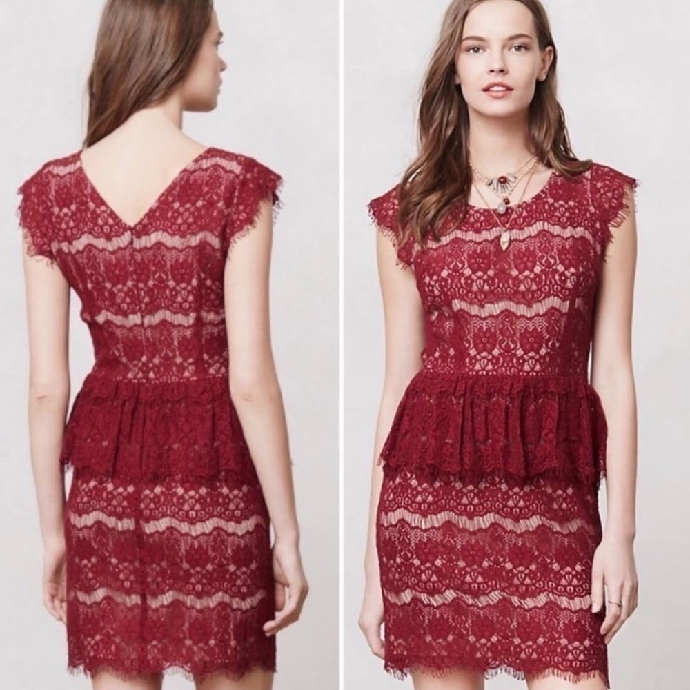 Anthropologie Maeve Wine Lace Elsa Peplum Dress